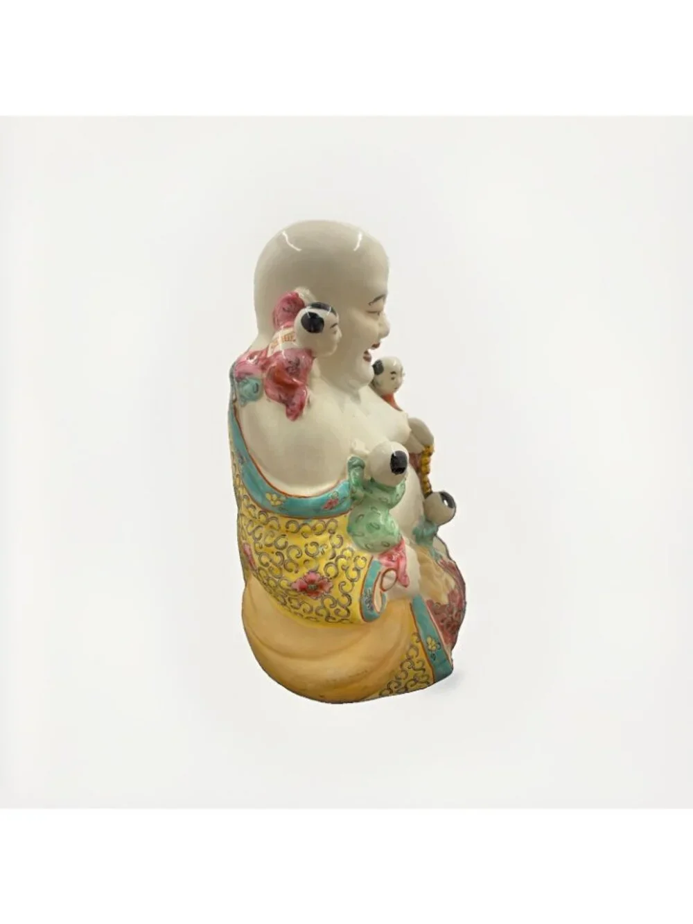 Hand Painted Porcelain Happy Buddha Statue w/ 5 Children Made in Hong Kong